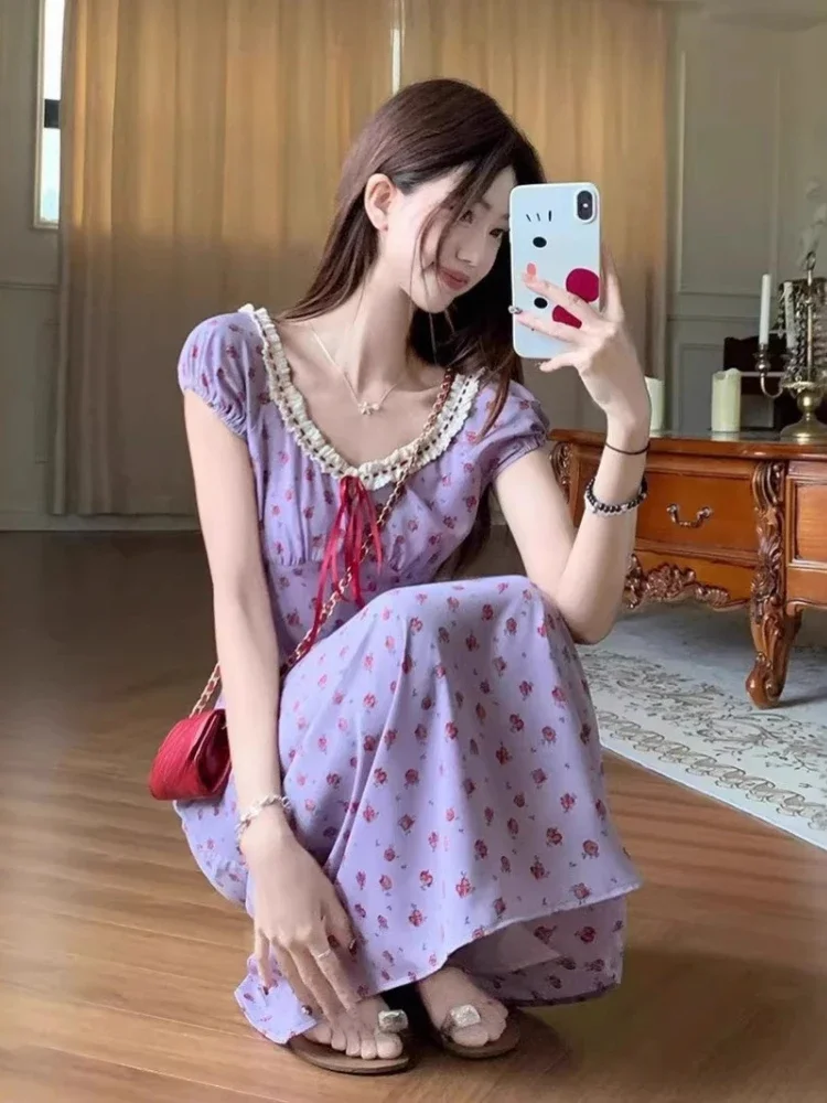 Robe Vintage en dentelle pour femmes, imprimé floral, Patchwork, taille haute, tempérament coréen, Maxi, 2025