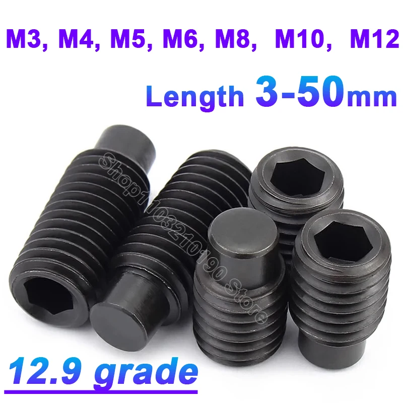 

2-50Pcs M3 M4 M5 M6 M8 M10 M12 Black 12.9 Grade Convex End Set Screws Hex Hexagon Socket Headless Machine Rice Tight Top Bolts