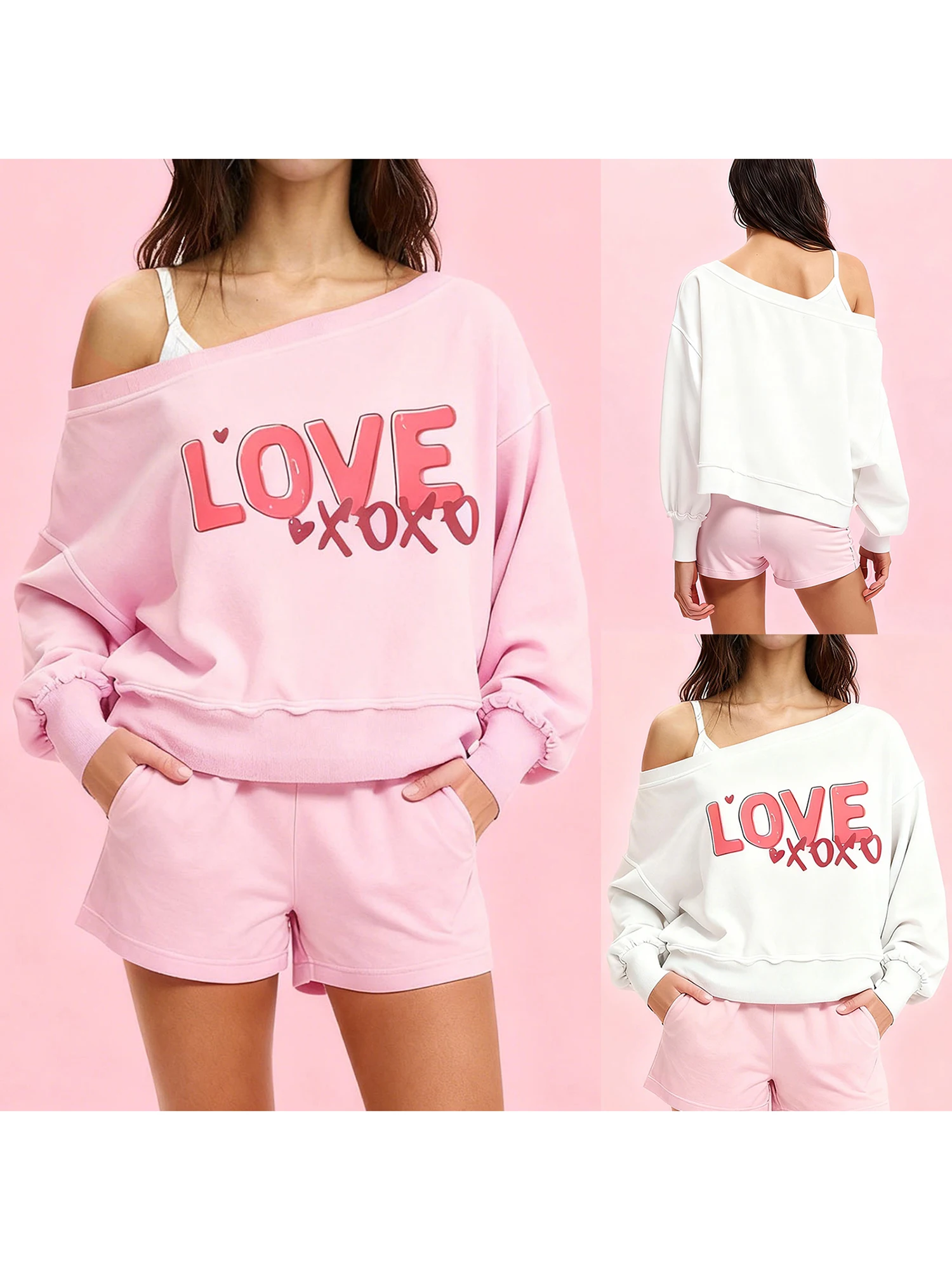 Sweat-shirt à épaules dénudées pour femmes, pull à manches longues avec lettres imprimées, avec col Slash, pour la saint-valentin