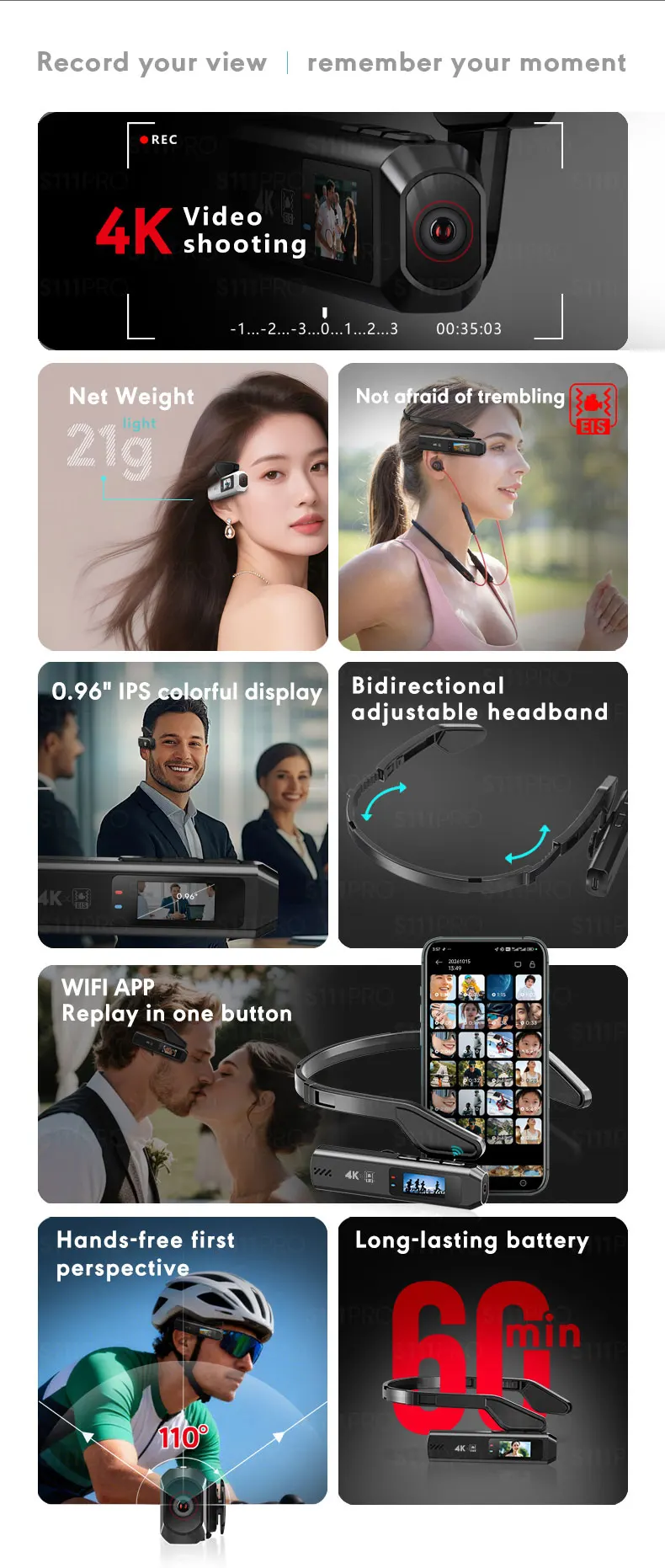 S111Pro 4K Ultra HD Brillenkamera 0,96 Zoll IPS-Bildschirm WIFI APP H.264 EIS Stabilisierungsmodus Fahrrad-Rekorder 110 ° Weitwinkel – Detail 2