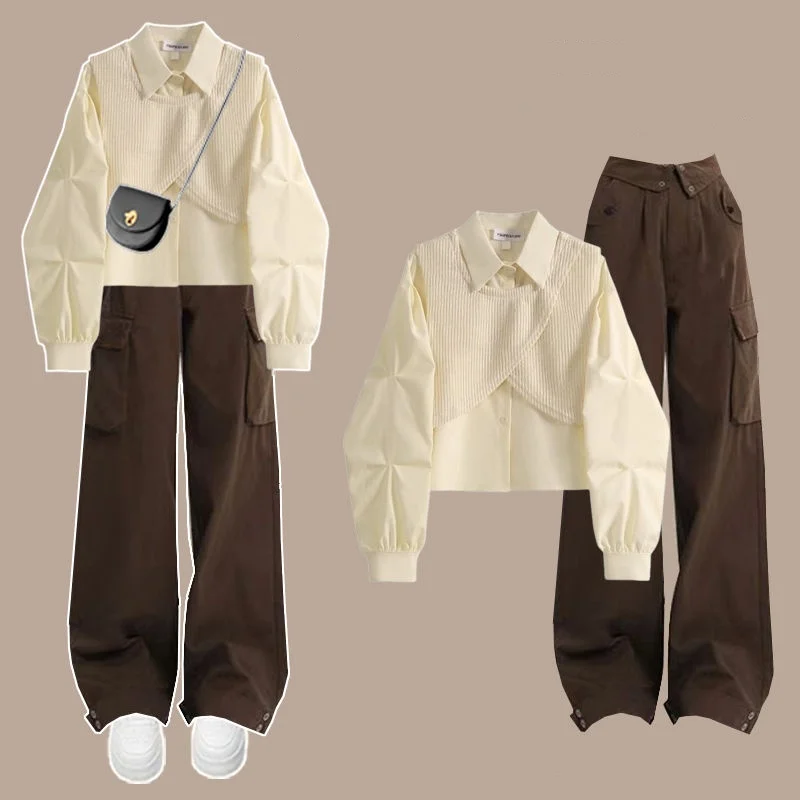 Autumn New Patchwork Chiffon Shirt Workwear Wide Leg Pants Two-piece Elegant Women's Pants Set