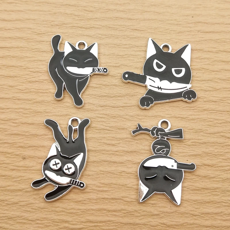 10pcs Knife Cat Charm for Jewelry Making Enamel Necklace Pendant Diy Supplies Bracelet Phone Craft Accessories White Plated