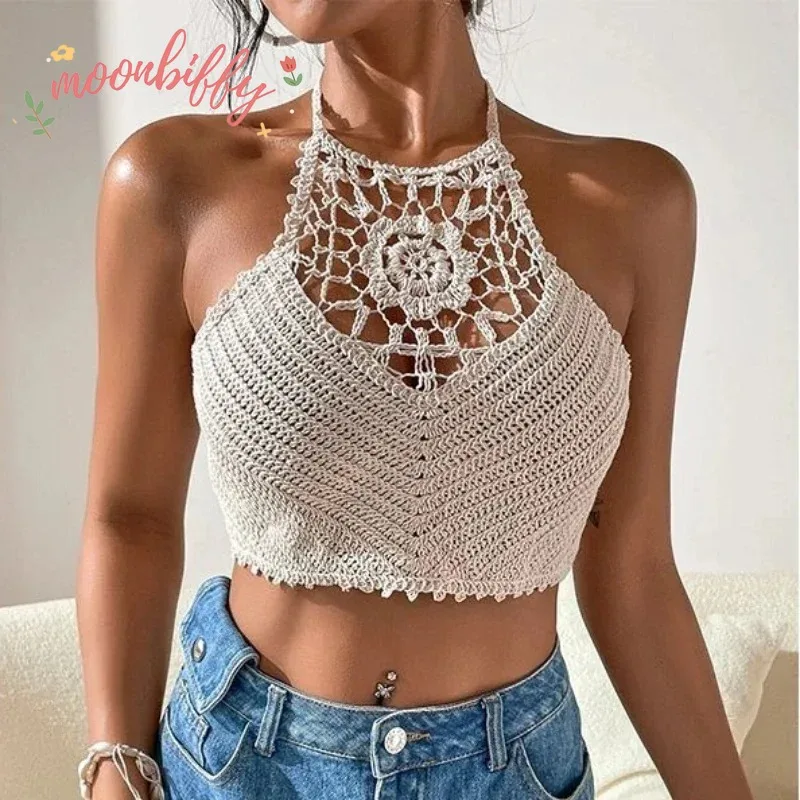 Crop Tops Retro Wild Hollow Perspective Tassel Sexy Spaghetti Strap Tanke Top Women Built In Bra New Back Lace Halter Neck