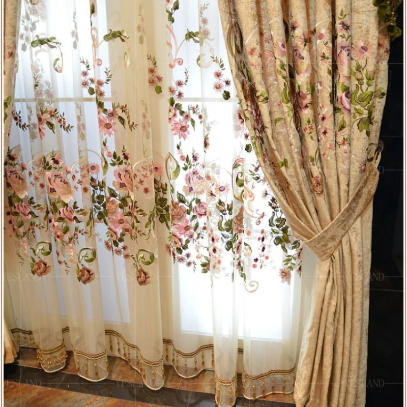 High-end European Style Custom Size Luxury Curtain Head Embroidered Peony Curtains for Living Dining Room Bedroom Blackout Decor