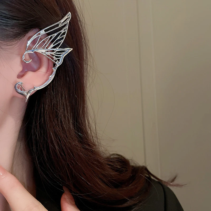 Silberfarbener Schmetterlings-Ohrclip ohne Piercing für Frauen, hohler Kupfer-Metall-Ohrclip, Punk-Ohrhaken-Schmuck K1 – Detail 3