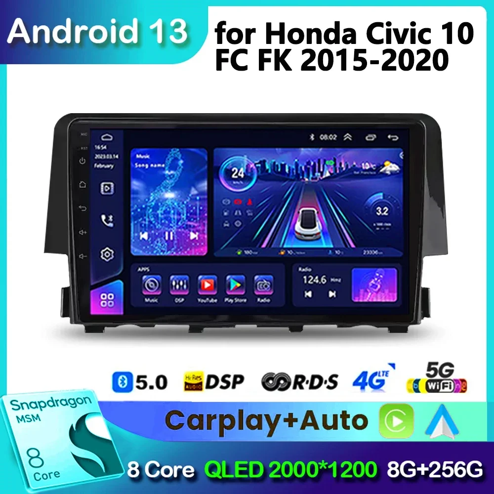

Android Din Car Auto for Honda Civic 10 FC FK 2015 - 2020 Radio Automotive Multimedia Player GPS Navigation Wireless Carplay DSP