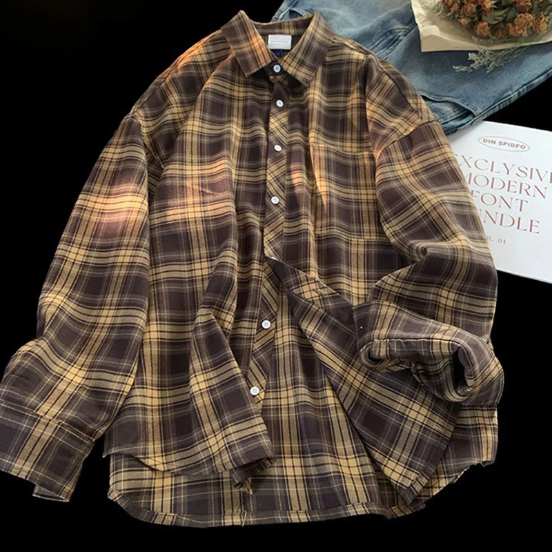 Spring Autumn Elegant Checkered Shirt For Men Turn Collar Long Sleeved Shirts And Blouses