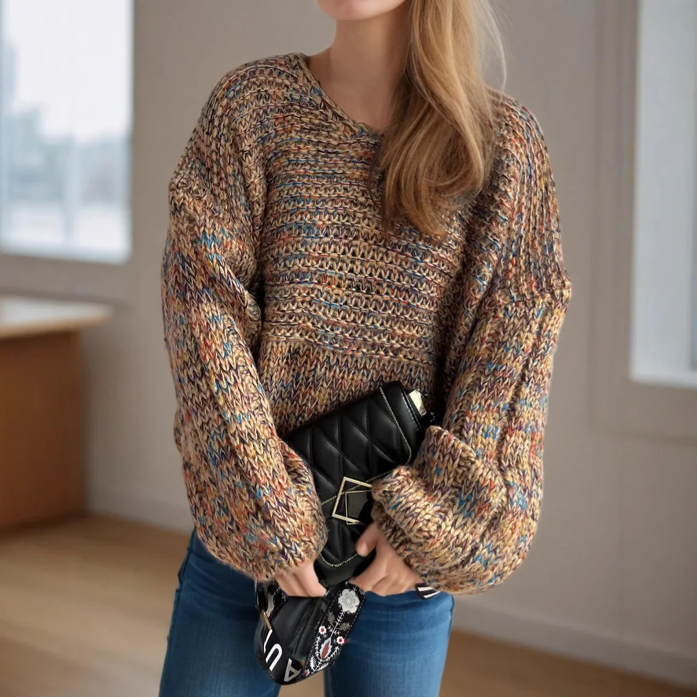 

Coarse Yarn Knitted Sweater For Women Autumn Winter Lazy Style Mixed Colors Pullovers Vintage Oversized O-Neck Jumpers Mujer Top