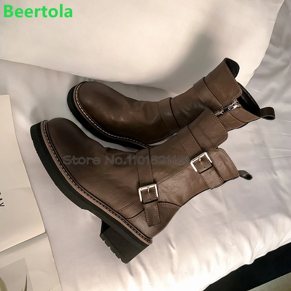 Metal Buckle Design Round Toe Boots For Women 2024 Ankle High Chunky Heel Leather Material Thick Sole Solid Casual Fashion Shoes