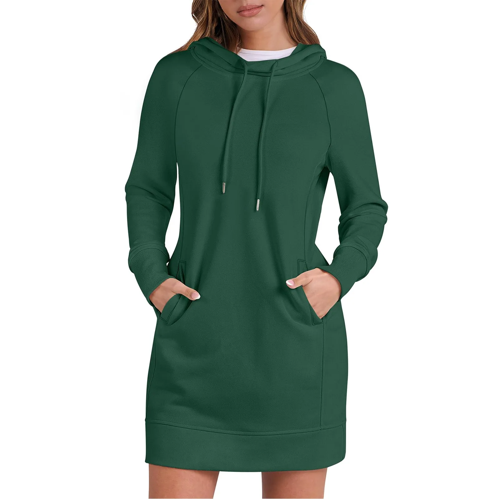 Women‘S Knee-Length Pockets Dress Hooded Warm Sweat Shirt Long Sleeve Side Zip Neckline Simple Casual Sports Skirt