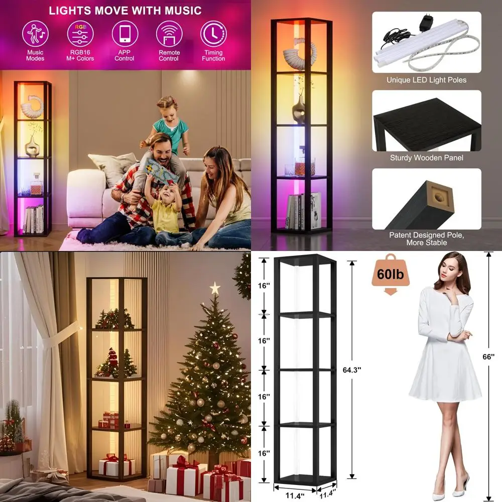 

5-Tier Tall Corner Floor Lamp with LED Shelves and Dimmable Light for Living Room, Bedroom, Home Decor