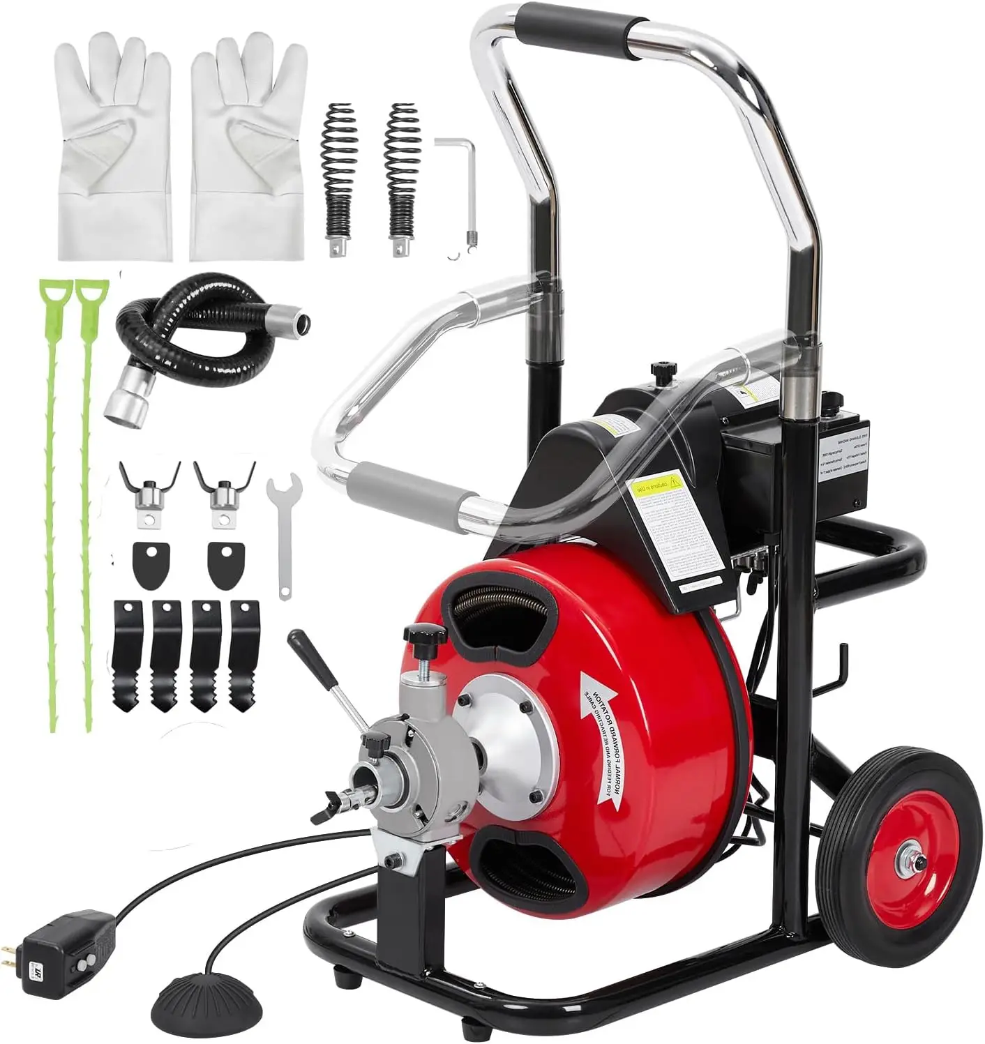 Tacleekii K-300ZF 100FT Drain Cleaner Machine 3/8 Inch Stainless Steel Professional Drain Auger with 4 Cutters & Foot Switch Heavy Duty Drain Snake for 1-4 Inch Pipes, Main Line Clog Removal Tool