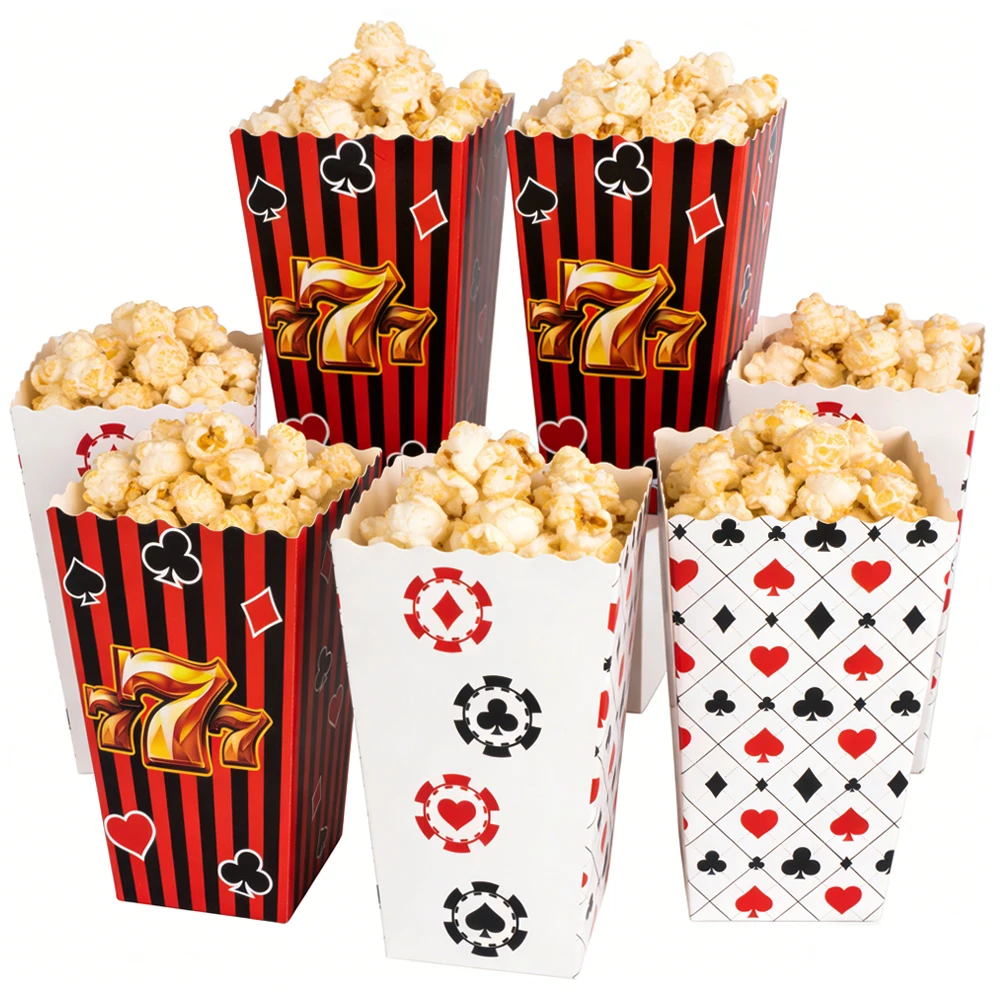 Cajas para Palomitas con Temática de Cartas de Póker de Casino, 6/12/24/48 Piezas, Cajas para Empacar Papas Fritas, Decoración para Fiestas de Cumpleaños, Noche de Casino en Las Vegas