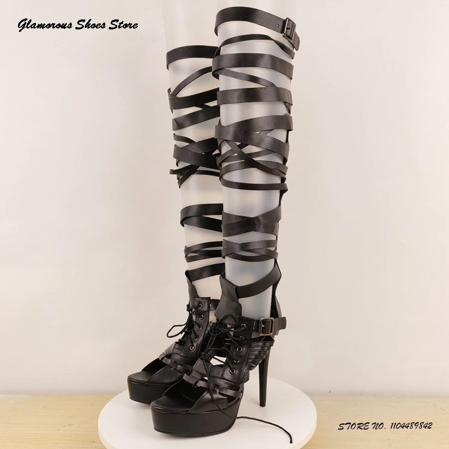 

Женские кожаные сандалии-гладиаторы с круглым открытым носком, туфли на тонком высоком каблуке, летняя мода, уличный стиль, туфли до колена на шпильке