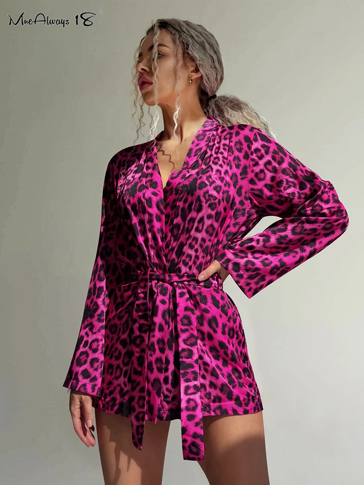 Mnealways18 Rose Pink Leopard Print 3 Pieces Sets Women Homewear 2024 Robe With Bra Shorts Suits Ladies Sleepwear Satin Outfits