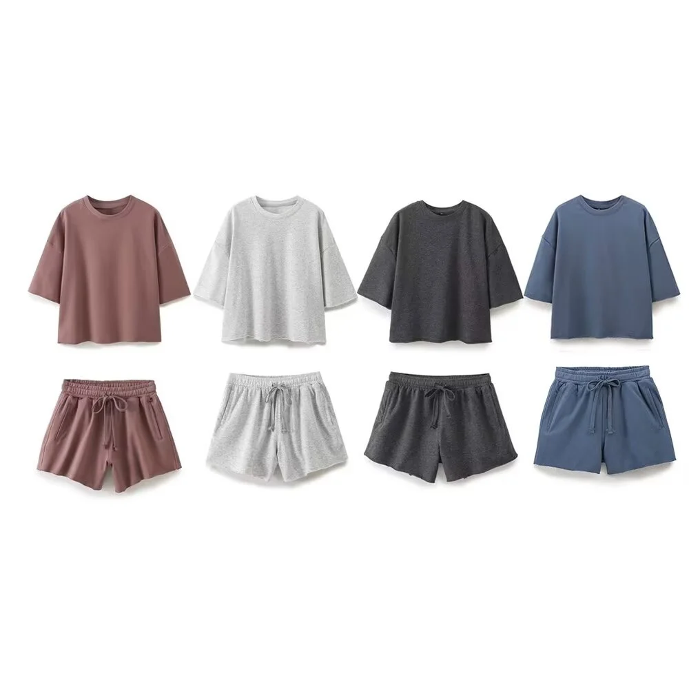 European And American Style 2024 Summer Women\'s Clothing New Fashion Versatile Short Sleeved Ribbed Velvet Sweatshirt Shorts Set