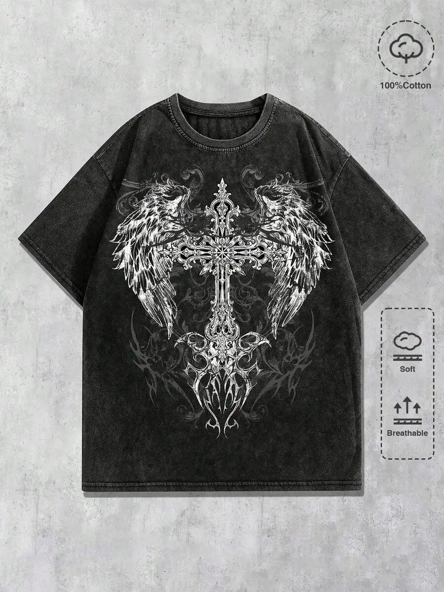 Men's Plus-Size Crew Neck Short Sleeve T Shirt Vintage Washed Gothic Cross Wing Graphic  Loose Fit Casual Holiday Daily Streetwear Summer Top
