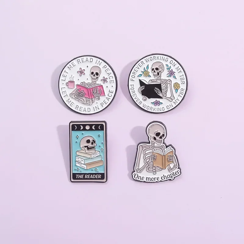 The Reader Skeleton Enamel Pins Let Me Read In Peace One More Chapter Metal Brooch Backpack Lapel Badges Gothic Jewelry Gift
