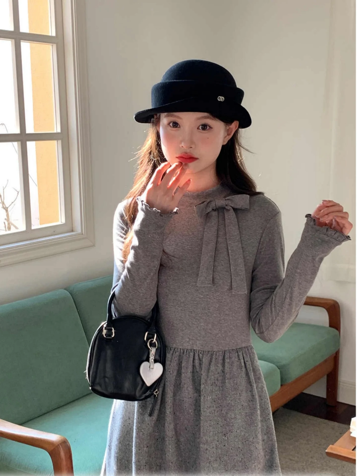 

Winter Fashion Women's Grey Slim Fit Long Sleeve Shirt Knot Waist Cinched Dress High Waist Short Pants Two Piece Set