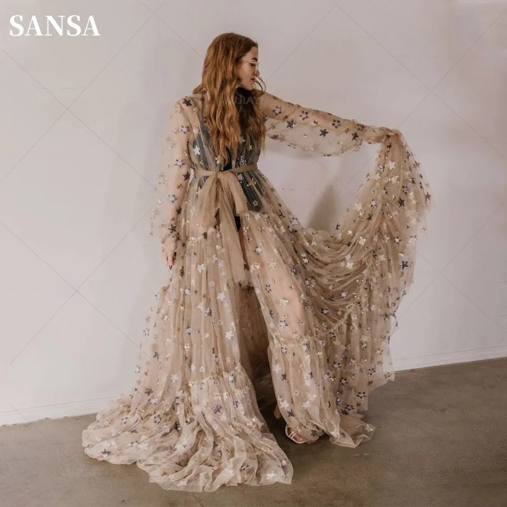 Sansa Princess Long Sleeve A-line Prom Dresses Champagne Stars Vestidos De Noche Boho Perspective Side Split Vestidos De Fiesta