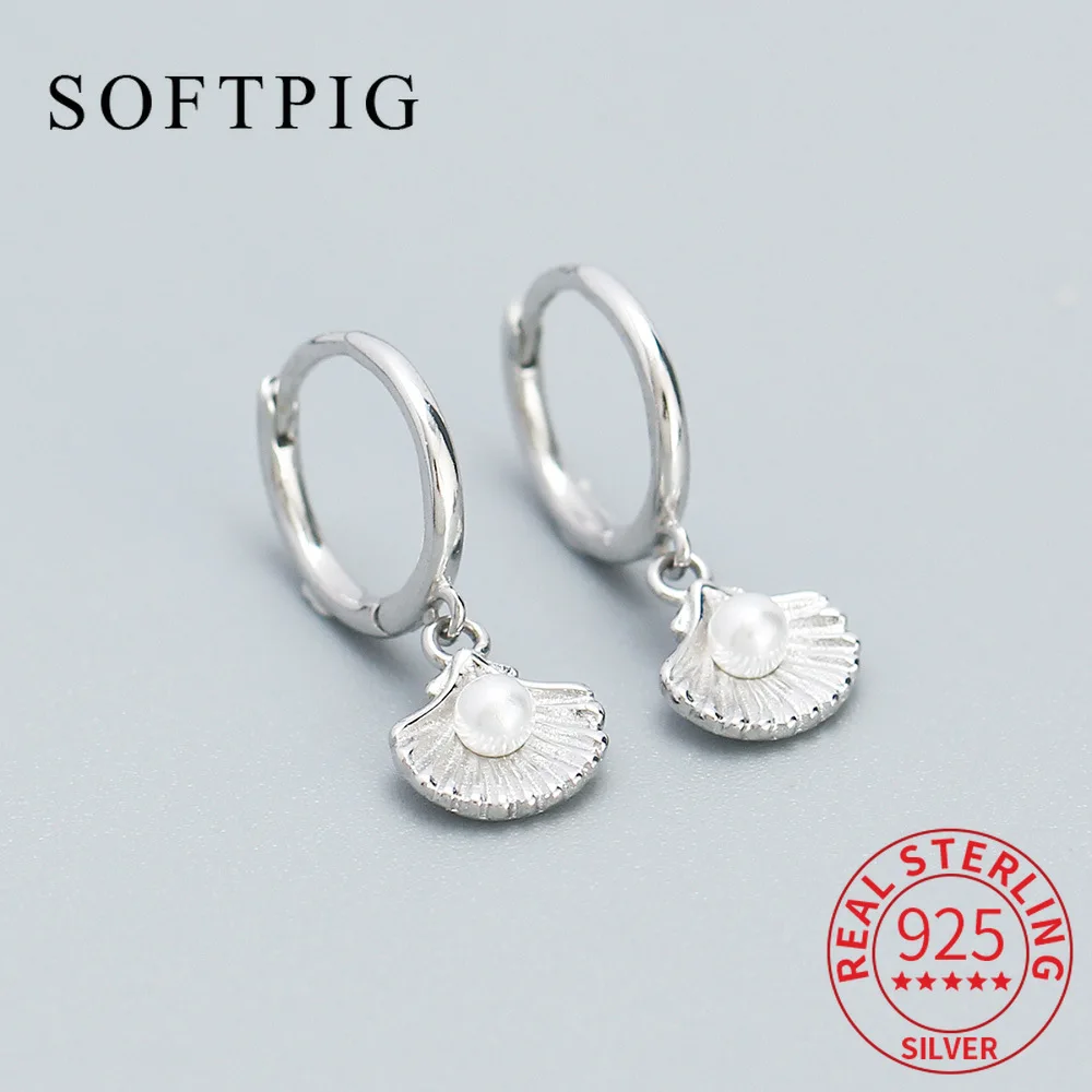 

SOFTPIG Real 925 Sterling Silver Pearl Shell Pend Hoop Earrings For Women Classic Fine Jewelry Light luxury Accessories