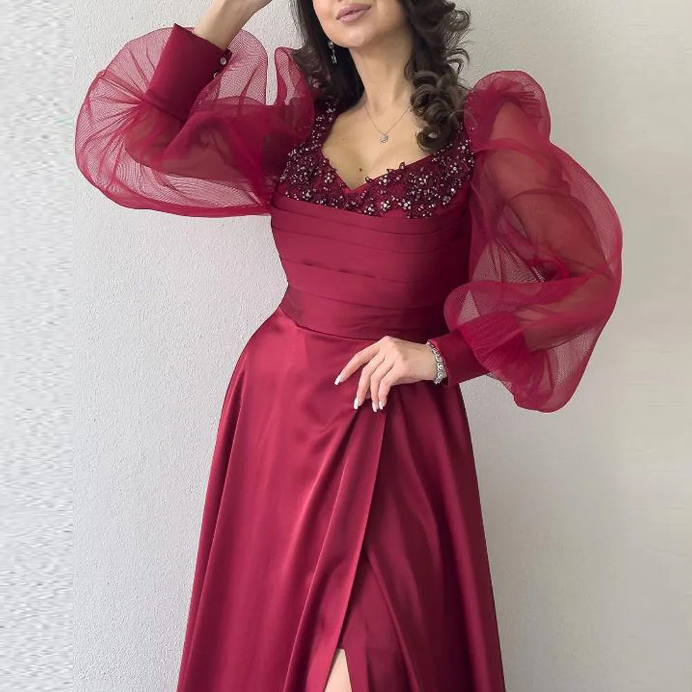 Sukienka wieczorowa z bufiastymi rękawami, dekoltem w serek z rozcięciem, zdobiona koralikami, linia A, sukienka dla gościa weselnego, burgundowa satyna, odzież formalna.