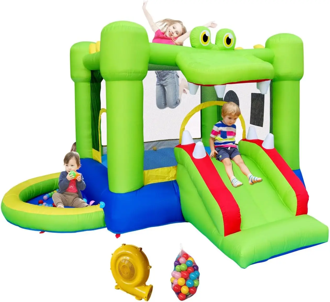 Casa inflable de rebote con tobogán, castillo saltador con soplador y casita de pelotas, juego de objetivo de dos dardos
