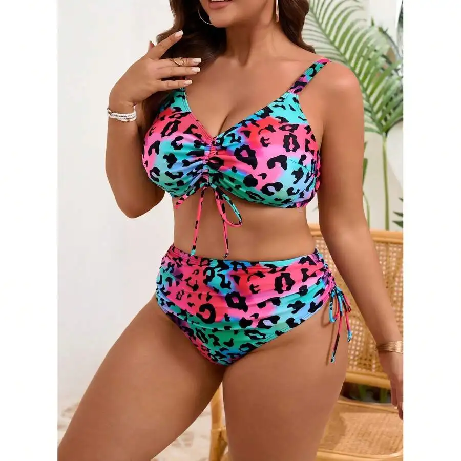 Women High Waisted Leopard Print Push Up Bikini Tummy Control Swimsuit