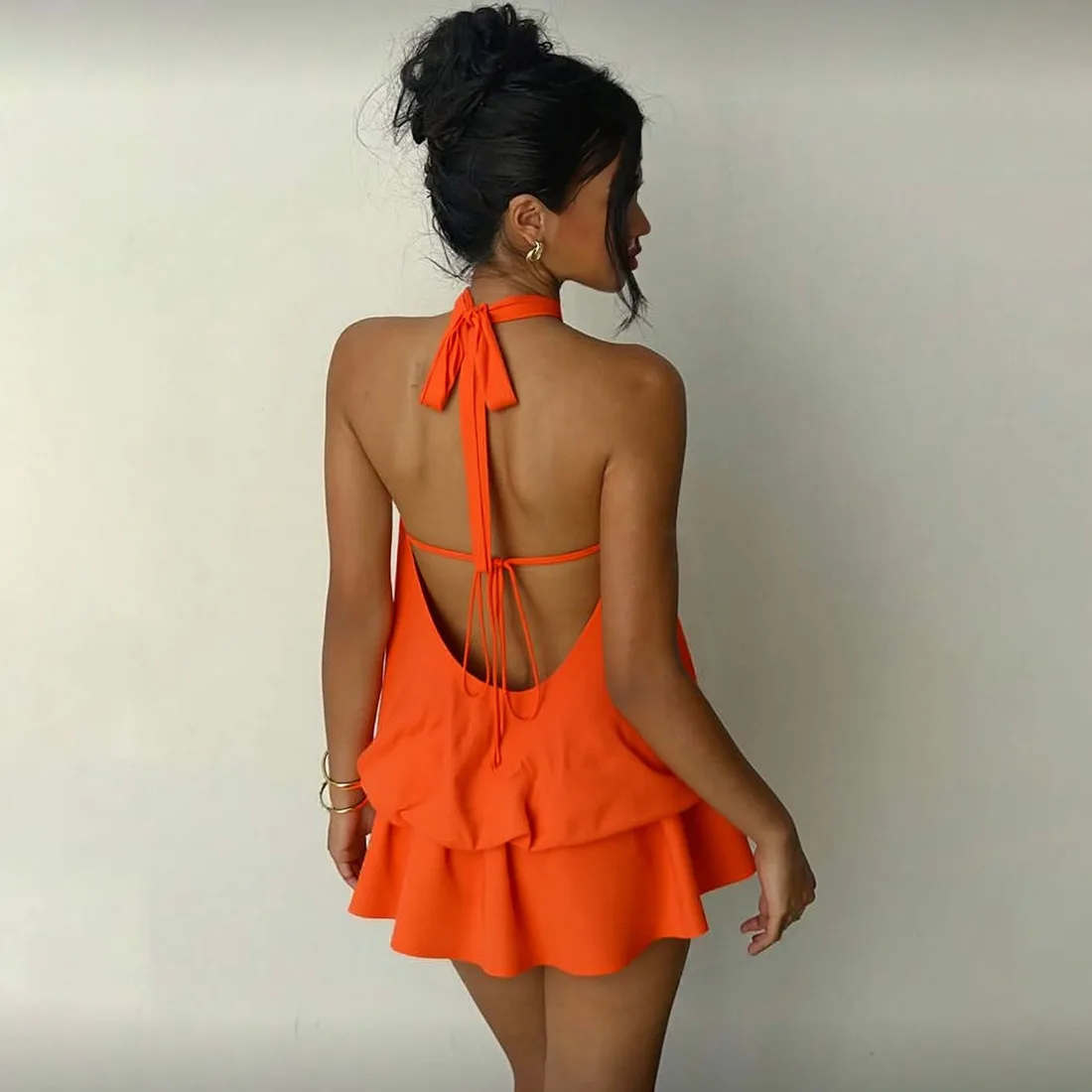 Women's Lace-Up Halter Sleeveless Backless High-Waist Ruffled Tierred Mini Dress, Solid Color, Sexy