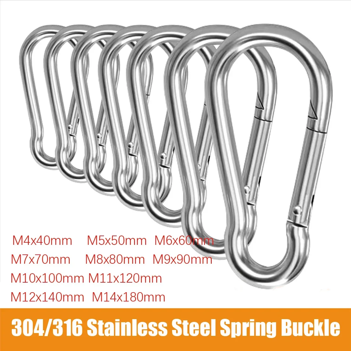 M4-M14 304/316 Stainless Steel Spring Hook Outdoor Climbing Safety Buckle Anti Fall Net Safety Hook Buckle Quick Link Lock Hook