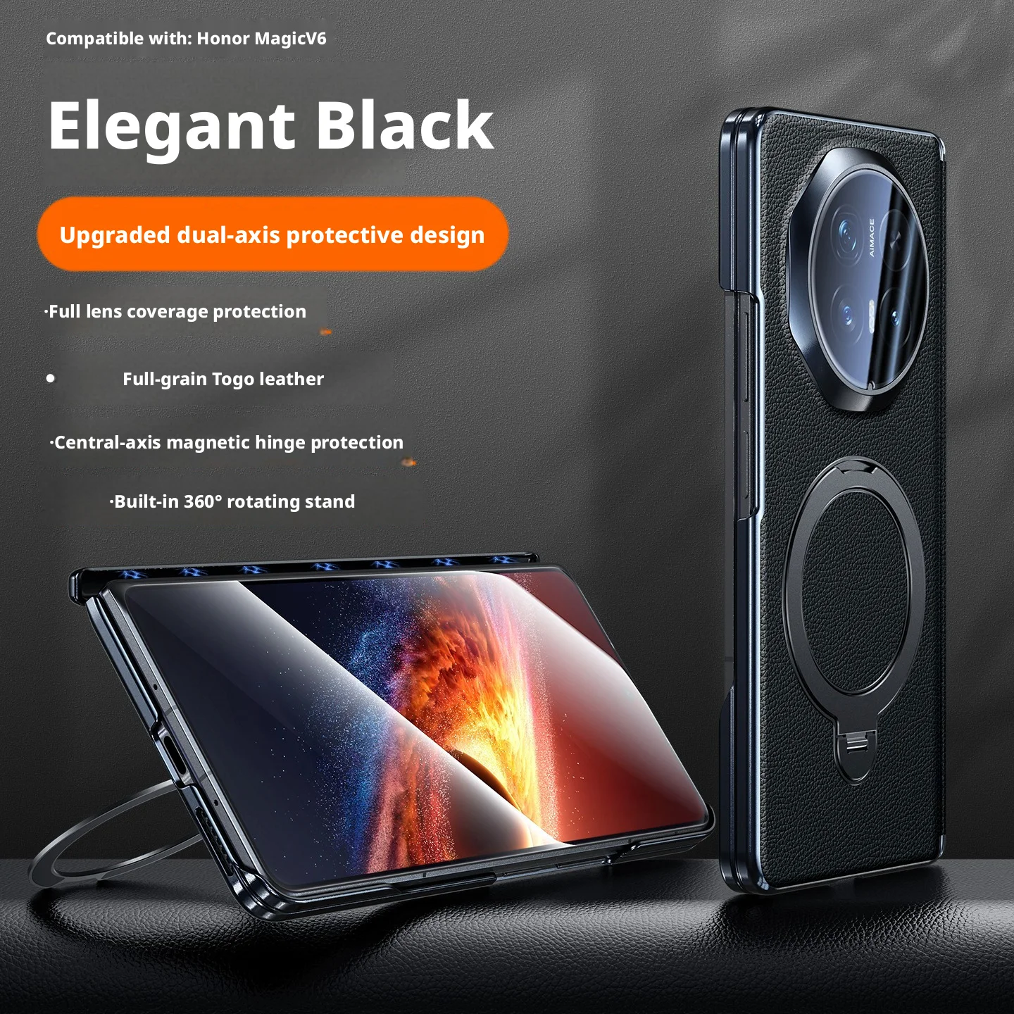 Full Grain Togo Genuine Leather Case For Honor Magic V6 Rotating Stand Central-Axis Magnetic Hinge Full Lens Protection Cover