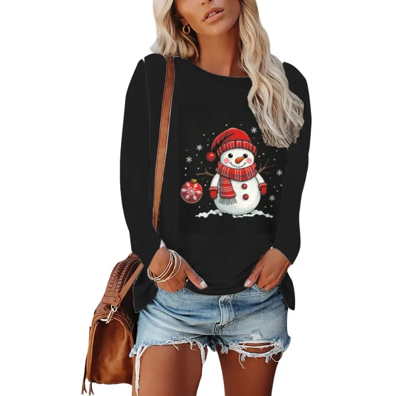 

Autumn and Winter Women's Clothing Christmas 3D Printed Comfortable and Casual Long-sleeved Round Neck Top
