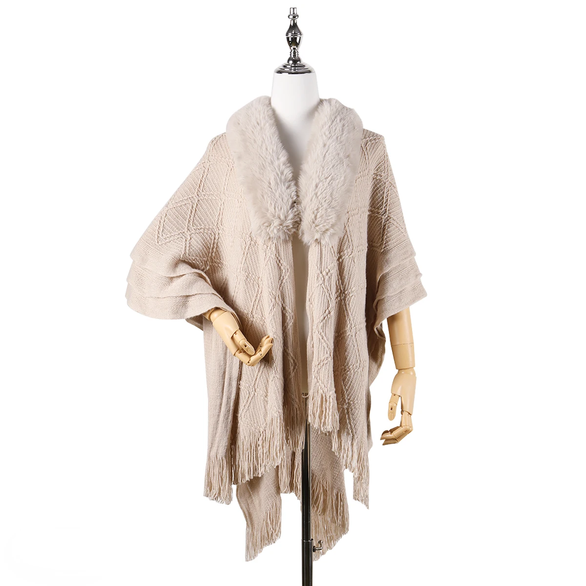 Women's faux fur collar diamond knitted shawl, vintage tassel loose cape, warm multifunctional shawl view 2