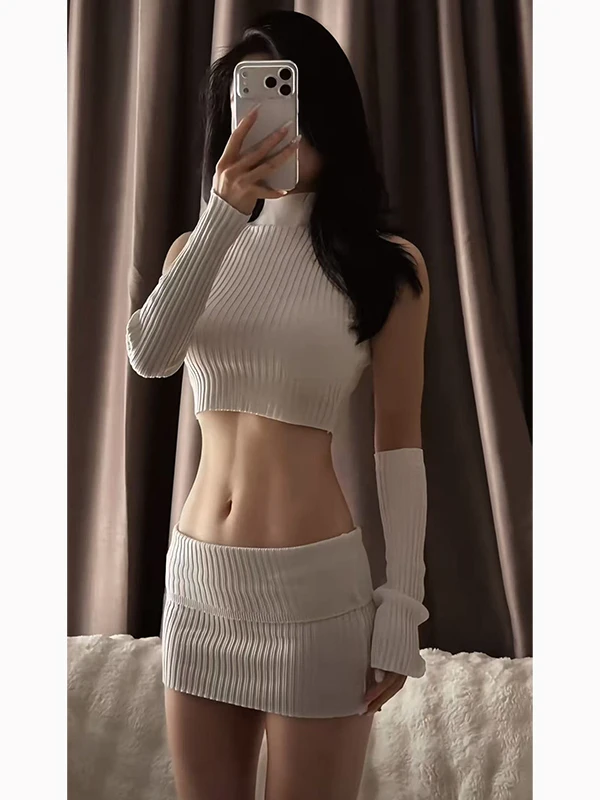 

Korean Sle Sexy Girl mat Knitted Set Women's Navel Vest Wrap around Skirt Slimming Sexy Tee Piece Set