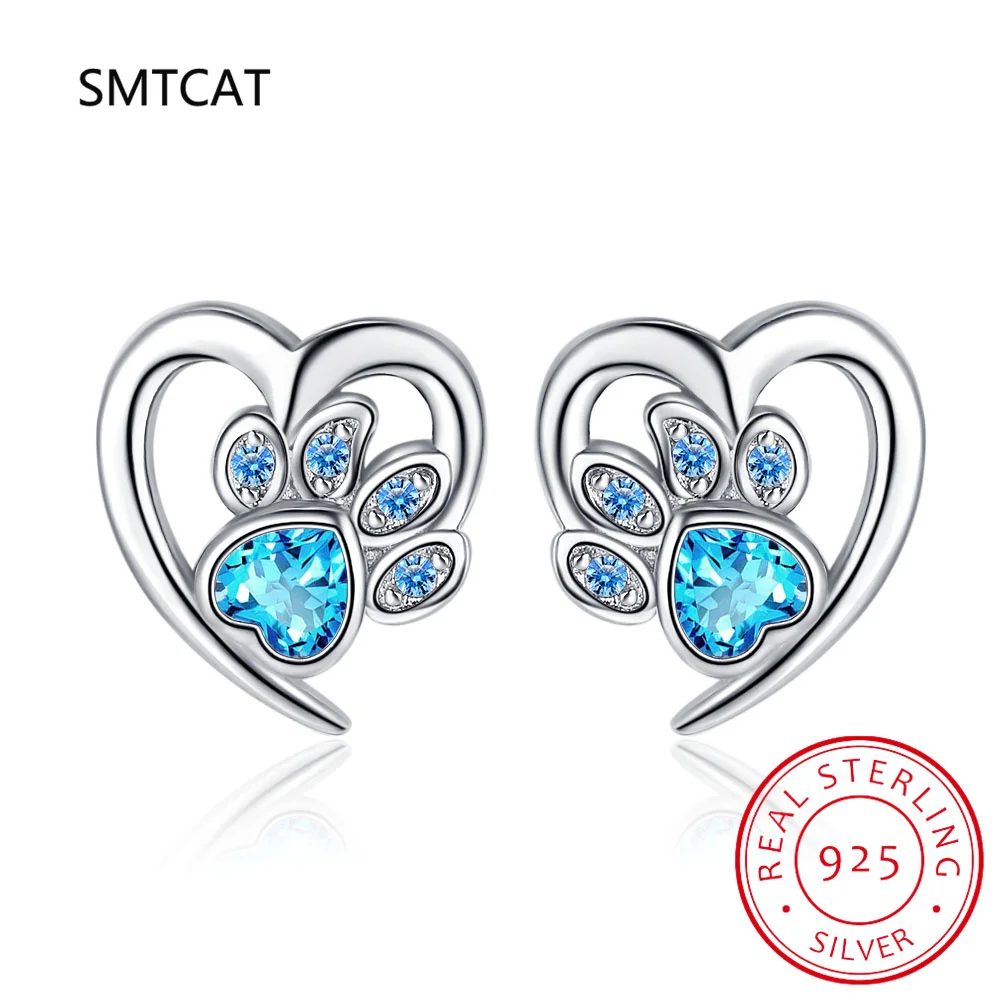 Real 925 Sterling Silver Blue Zircon Cute Animal Dog Cat Paw Heart Earrings For Women Footprints Valentine's Day Gift