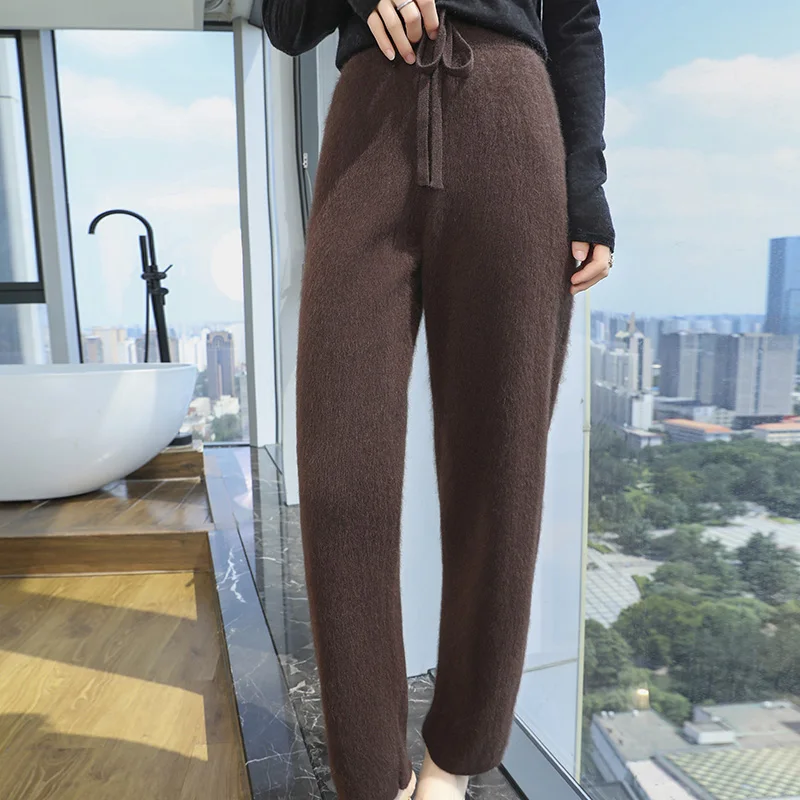 خريف/شتاء جديد 100% المنك النقي الكشمير محبوك بنطلون السيدات مرونة الخصر جوكر قدم السراويل عادية فضفاض سميكة سراويلي حريمي #5