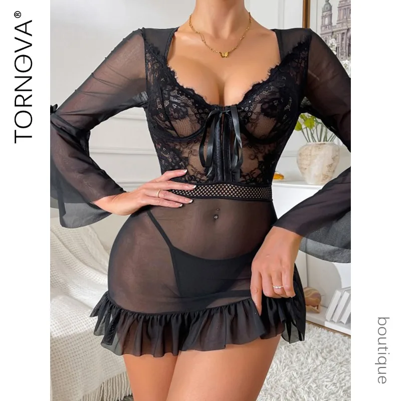 

Tornova Hot Sleeping Skirt Panty Sexy Mesh Patchwork Slim Solid Color Women Romantic Interesting Seductive Hollow Pajamas Set