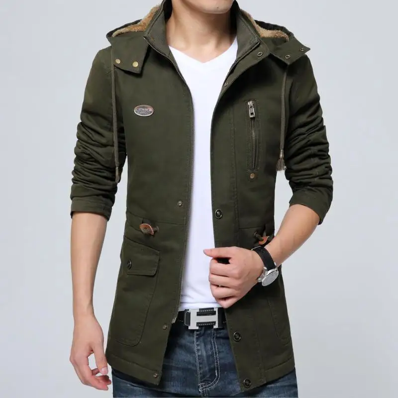 Casual Loose Autumn Winter Men Trench Coat Fashion Hooded Windproof Windbreakers Pockets Zipper Men Jackets M-5Xl Streetwear