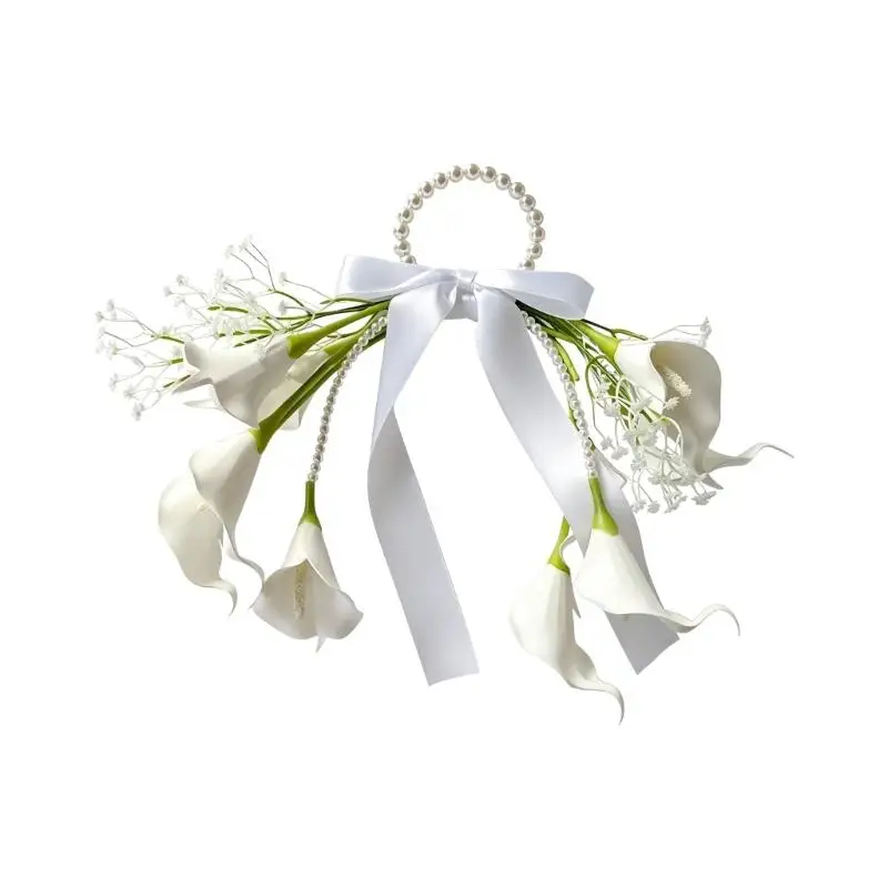 P9FE Hochzeitshandblumen mit Tragegriff und Schleifenakzent für Brautfotos – Detail 7