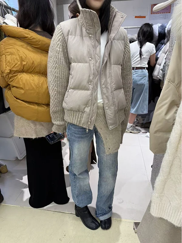 

Korean Sle Knitted Patchwork Stand Collar down Cotton Jaet Women's Winter New Faion Loose Warm Versatile Bread Coat