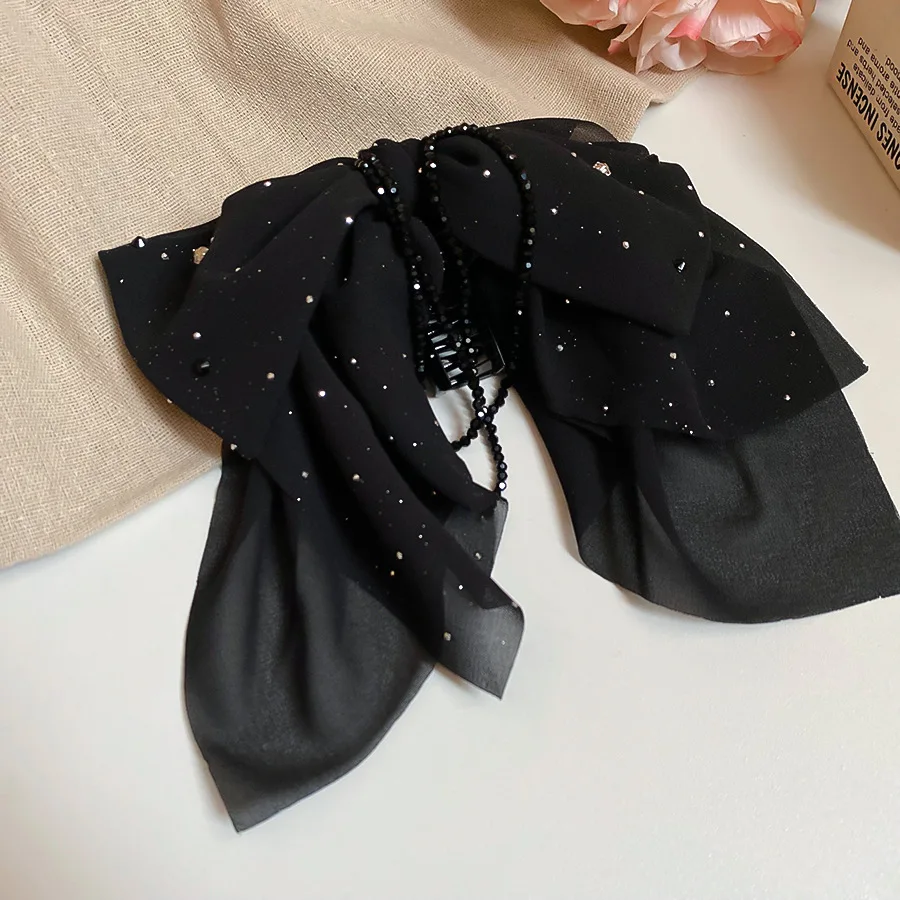 الاكريليك النسيج القوس شرابة مشبك شعر للنساء الساطع حجر الراين الأسود القرش كليب مزاجه موضة إكسسوارات الشعر مأدبة ث