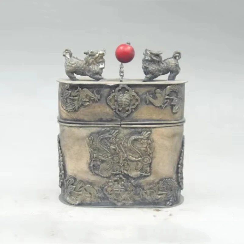 

Collection Chinese old Tibetan silver Dragon Phoenix jewelry box kylin red Bead