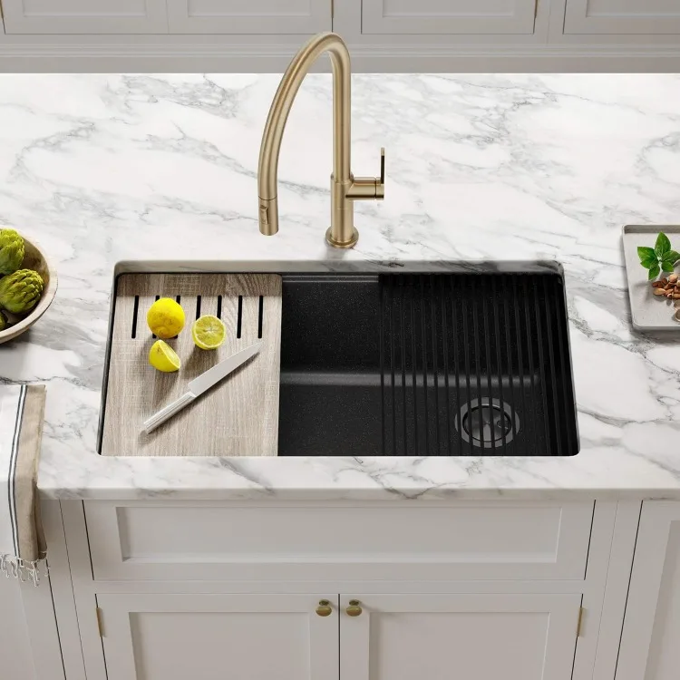 Bellucci 32” in. Drop In Workstation Granite Kitchen Sink in Metallic Black with Accessories, KGUW2-33MBL