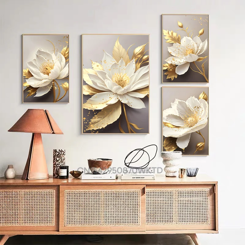 Gold Leaf White Blooming Flowers Poster Decorative Paintings Canvas Wall Pictures Living Room Modern Bedroom Home Decor Interior