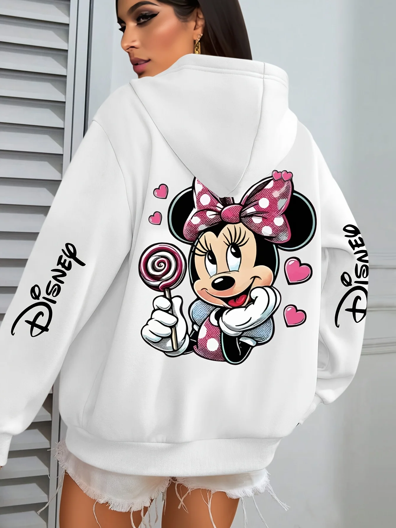 هوديي بنمط ماوس ديزني مع فيونكة وردية وتصميم مصاصة بشعار "ديزني" للفصول الأربعة كاجوال