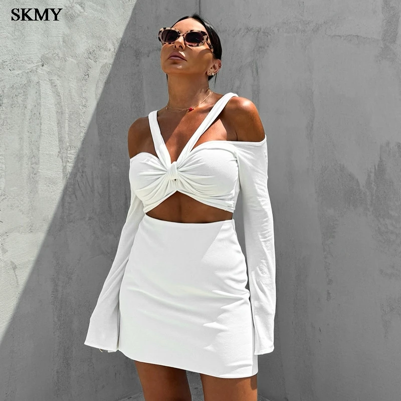 

SKMY Summer New Solid Color Sexy One Neck Long Sleeved Crop Top Short Skirt Two-piece Set Women's Clothing