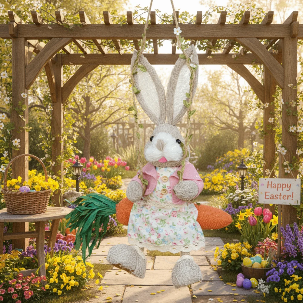 

35cm Easter Bunny Hanging Figurine Rural Style Handmade Woven Straw Rabbit Forest Theme Cartoon Carrot Swing Easter Gifts