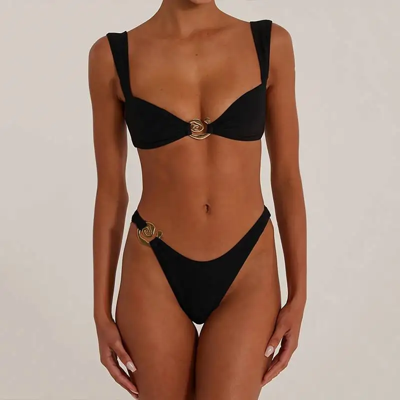 Nuevo Traje de Baño de Dos Piezas para Mujer 2026 con Hebilla Metálica, Bikini de Playa, Bañador Térmico de Cintura Alta, Pantalones Seven Nine, Tela Lycra