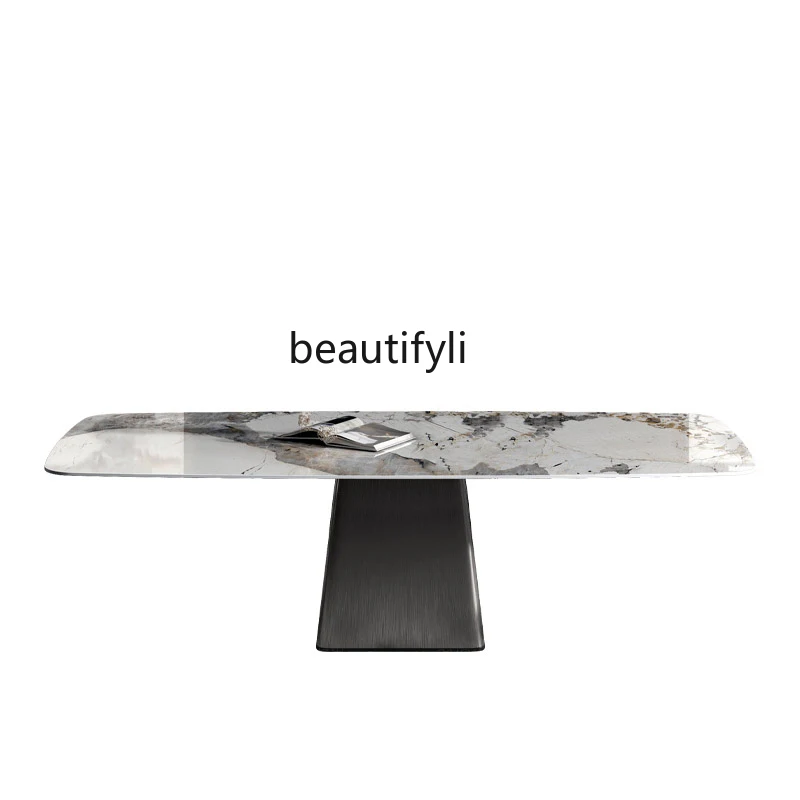 

Italian light luxury rock slab dining table rectangular household high-end stainless steel minimalist dining table and chairs