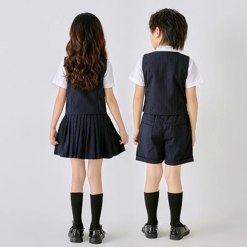 Kids British Style Striped 6Pieces/Set Vest Shirt Pants/Skirt School Uniform Boys Girls Graduation Chorus Piano Performance Suit